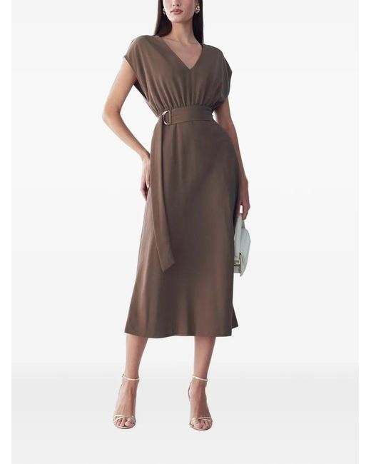 ST MRLO Brown V-Neck Belted Midi Dress