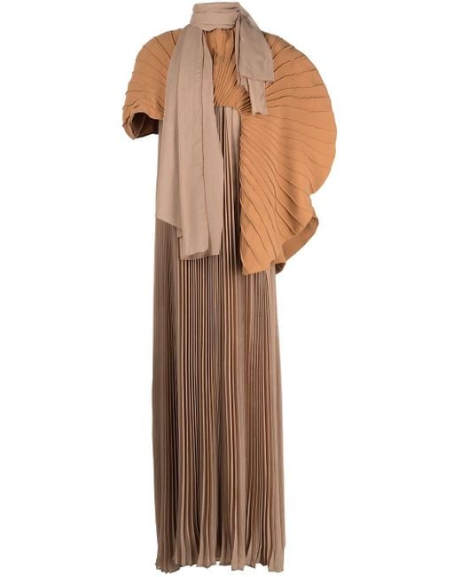 Gaby Charbachy Brown Pleated Asymmetric Maxi Dress