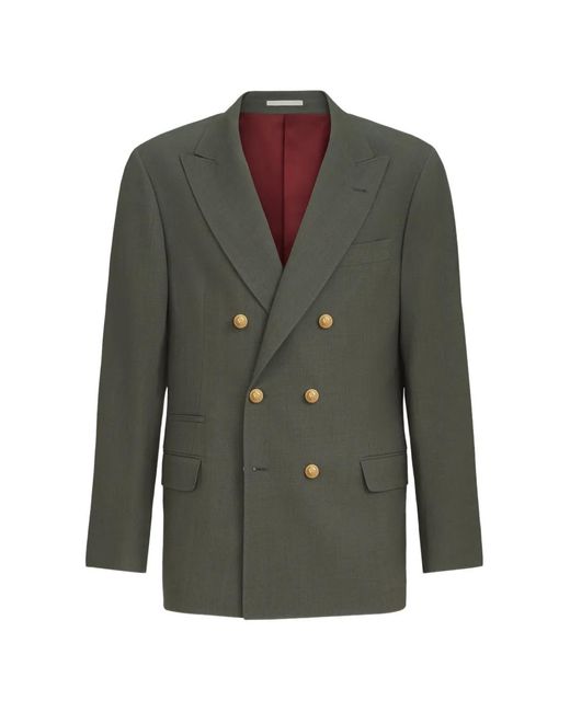 Brunello Cucinelli Green Virgin Wool Canvas One-And-A-Half Breasted Deconstructed Blazer With Metal Buttons for men