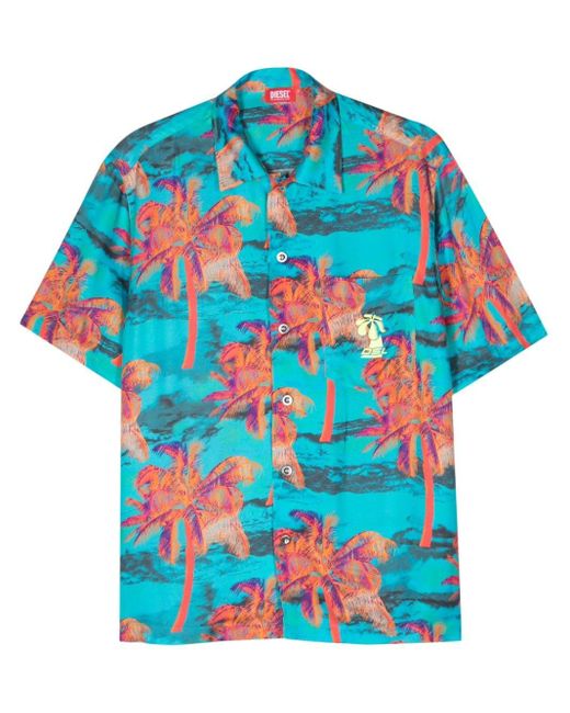 DIESEL Blue Bmowt-adrian Palm-tree Print Shirt for men