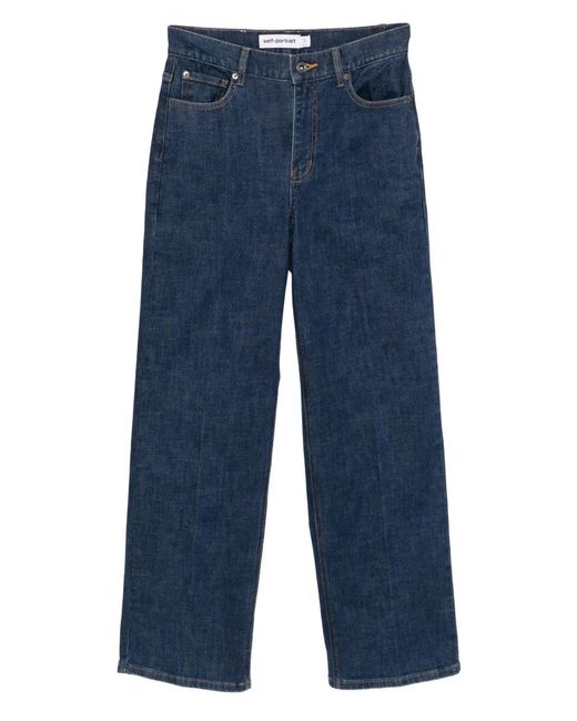 Self-Portrait Blue Logo-Patch Straight-Leg Jeans