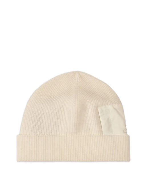 C P Company Natural Ribbed-Wool Logo-Patch Beanie Hat for men