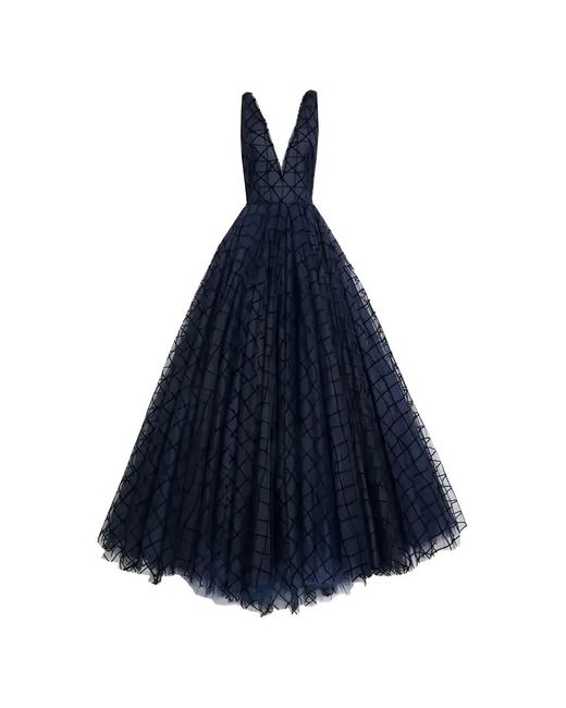 Oscar de la Renta Blue Flocked Checked Gown