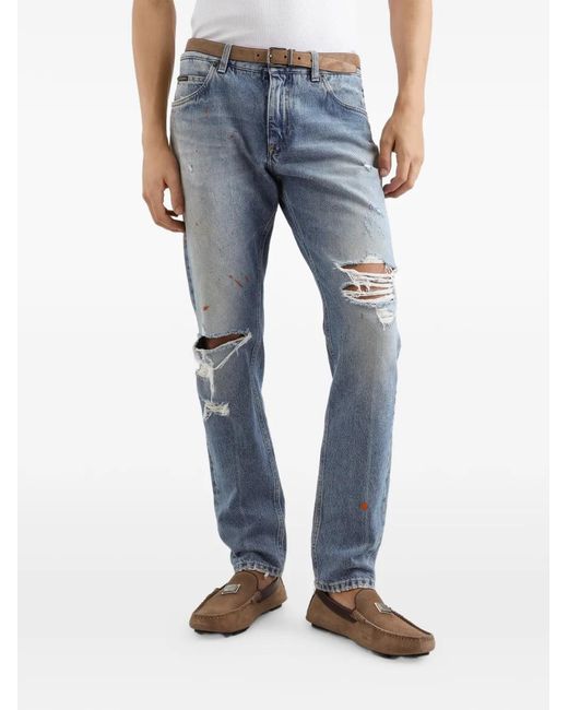 Dolce & Gabbana Blue Ripped Logo-Plaque Jeans for men