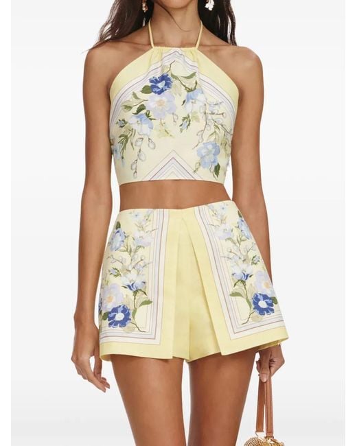 Self-Portrait Yellow Linen Mini Shorts With Back Zip Closure