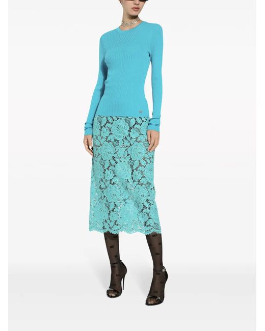 Dolce & Gabbana Blue Floral-Lace High-Waisted Midi Skirt