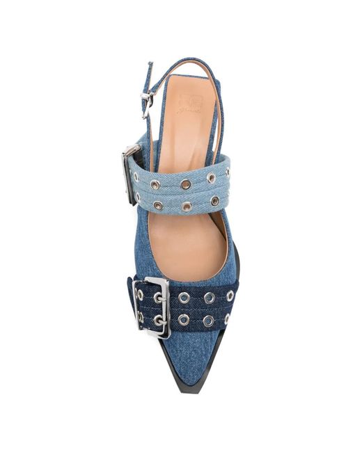 Ganni Blue Buckle-Detail Denim Pumps