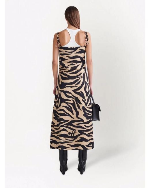 Off-White c/o Virgil Abloh Natural Zebra Print Linen Blend Midi-dress