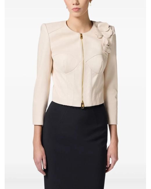Elisabetta Franchi White Flower Appliqués Leather Jacket