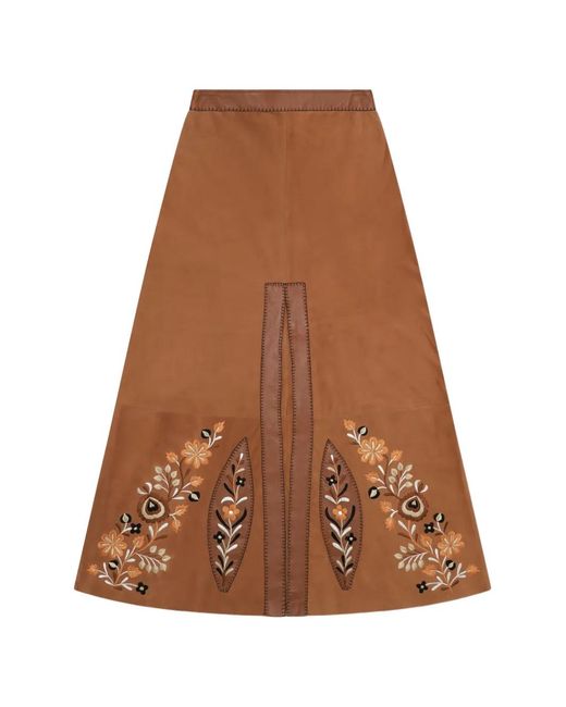Fortela Brown Nina Embroidered Leather Skirt