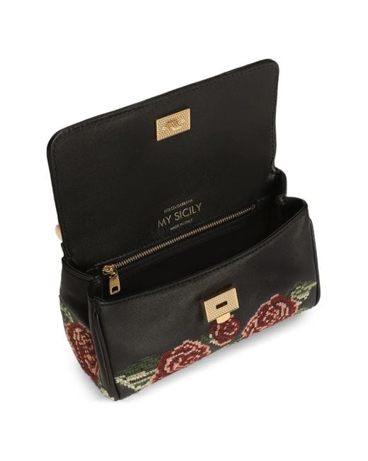 Dolce & Gabbana Black Mini My Sicily Floral-Print Leather Handbag