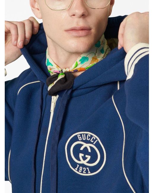 Gucci Blue Interlocking G Logo-patch Zipped Hoodie for men