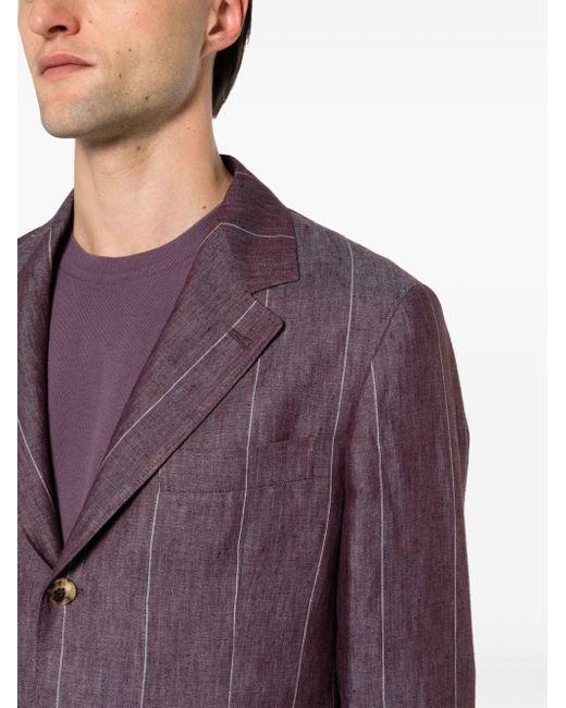 Brunello Cucinelli Purple Single-breasted Pinstripe Linen Blazer for men