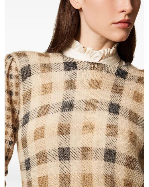 Twinset Natural Puff-Sleeve Check-Print Sweater