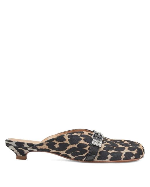 Ganni Gray Buckle Leopard-Print Mules