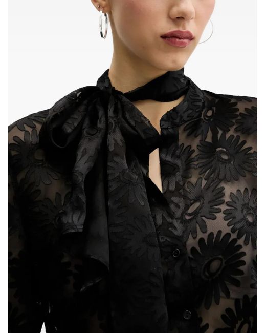 HUGO Black Floral-Print Tie-Neck Shirt