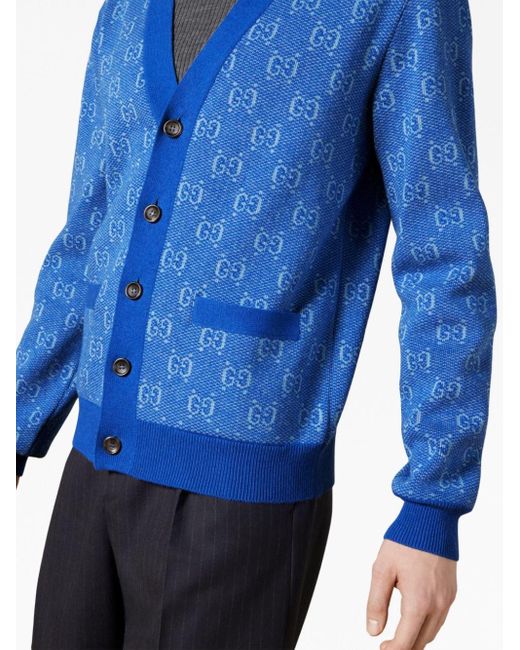 Gucci Blue GG Jacquard Wool Cardigan for men