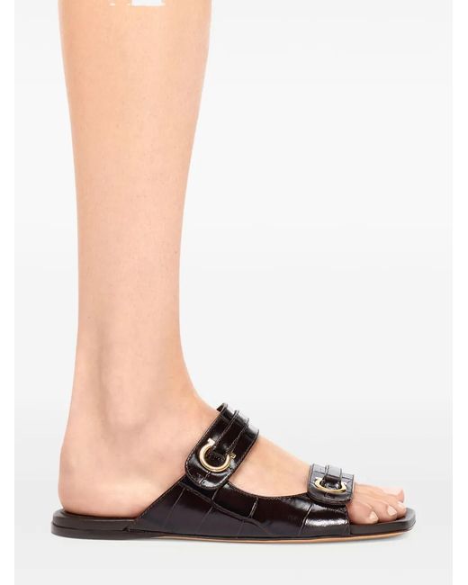 Ferragamo Black Gancini-Plaque Leather Slides
