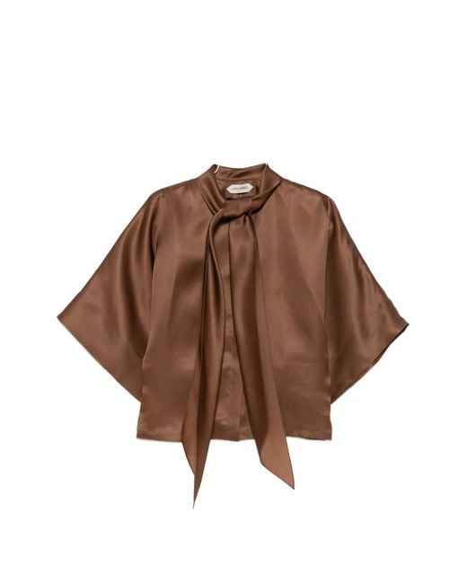 Alberta Ferretti Brown Pussy-Bow Batwing-Sleeve Blouse