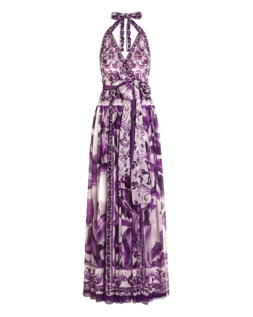 Dolce & Gabbana Purple Maxi Majolica-Print Dress