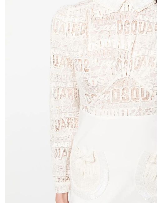 DSquared² White Logo-Lace Long-Sleeve Minidress