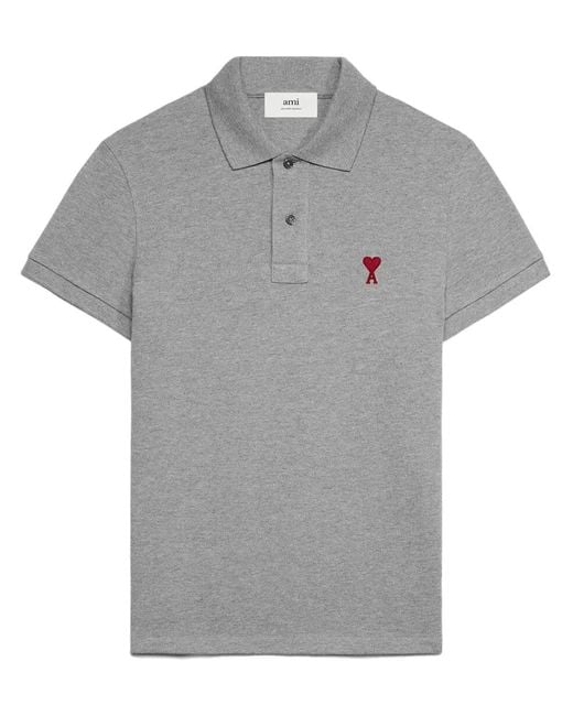 AMI Gray Logo-Embroidered Cotton Polo Shirt