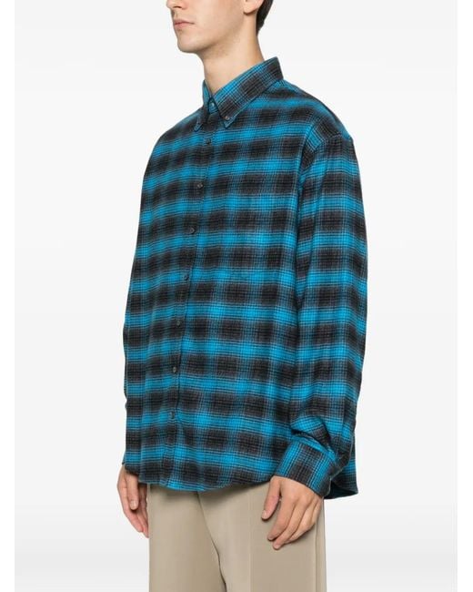 LC23 Blue Plaid-Pattern Buttoned Shirt for men