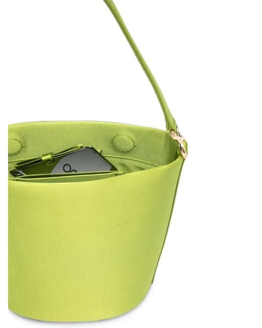 Self-Portrait Green Floral-Charm Satin Bucket Bag