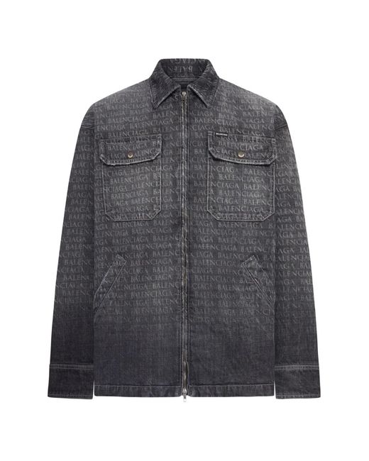 Balenciaga Gray Chest Pockets Logo Print Shirt Jacket for men