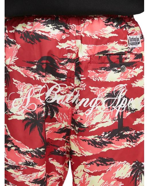 A Bathing Ape Red Palm-Tree Printed Shorts for men