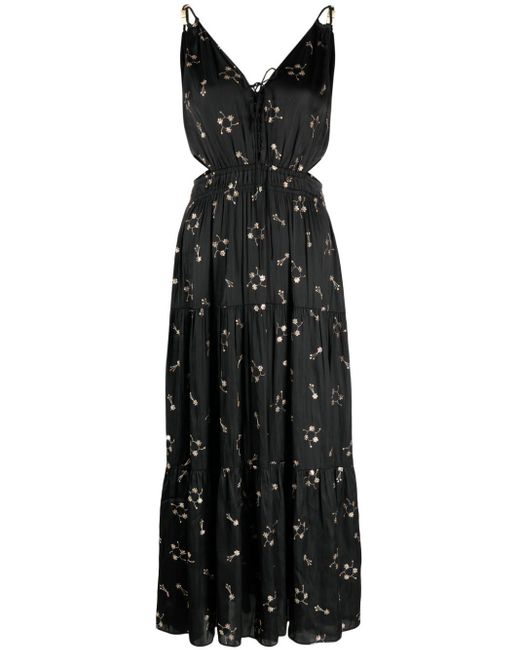 Maje Black Floral-embroidered Cut-out Midi Dress