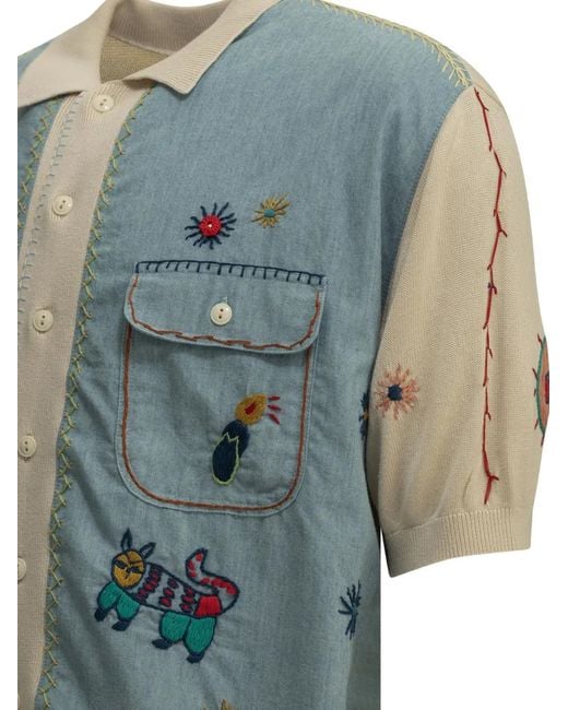 Kapital Blue Embroidered Denim-Panel Polo Shirt for men