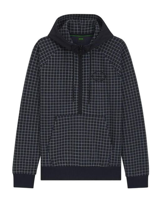 Boss Blue Grid-Pattern Half-Zip Hoodie for men