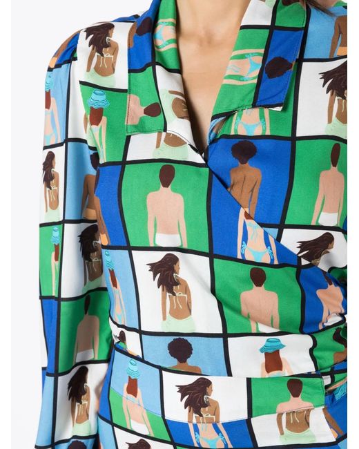 Amir Slama Blue Illustration-Print Wrap Blouse