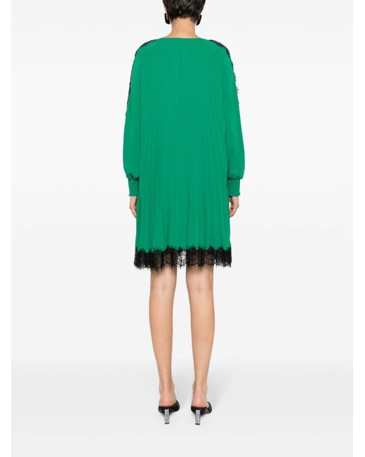 Nissa Green Lace-trim Pleated Dress
