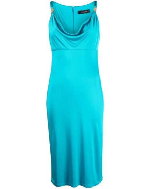 Versace Blue Logo-Plaque Cowl-Neck Midi Dress