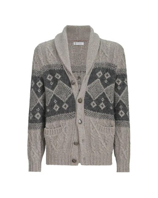 Brunello Cucinelli Gray Virgin-Wool, Silk And Cashmere Chiné Cable-Knit Cardigan With Intarsia for men