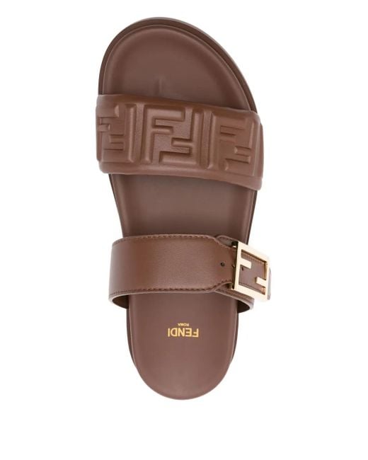 Fendi Brown Nappa Leather Feel Double-Band Slides Shoes