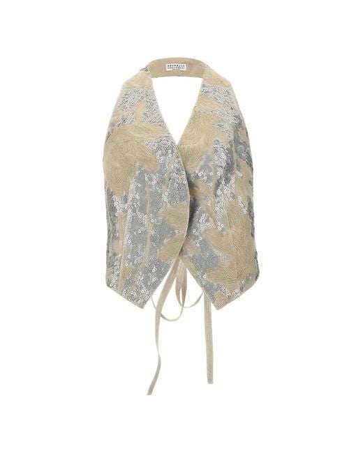 Brunello Cucinelli White Sequin-Embellished Embroidered Vest