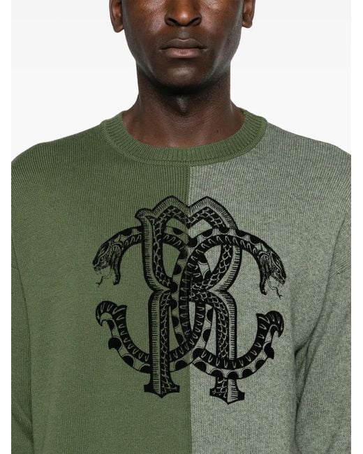 Roberto Cavalli Green Rc-Flocked Cotton-Blend Jumper for men