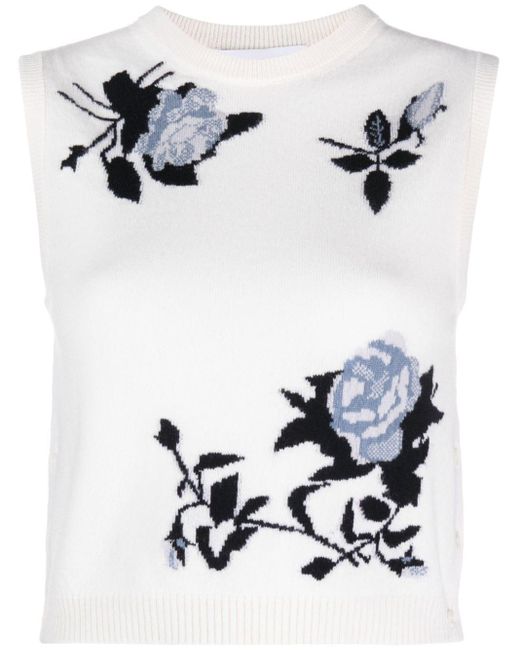 Thom Browne White Floral-intarsia Sleeveless Knitted Top