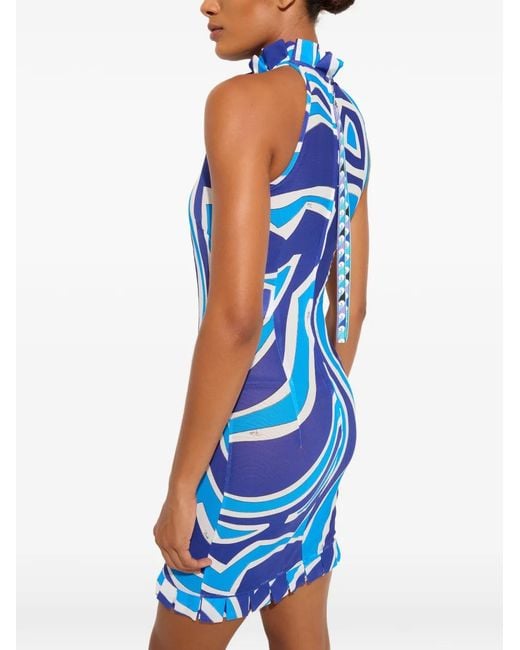 Emilio Pucci Blue Robe Imprimée Labirinto À Volants