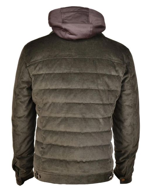 Kiton Green Corduroy Quilted Detachable-Hood Coat for men