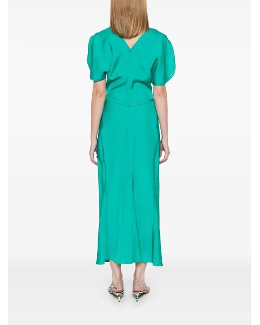 Victoria Beckham Green V-Back Mid-Length Dress With Gathered Detailing And Flared Skirt