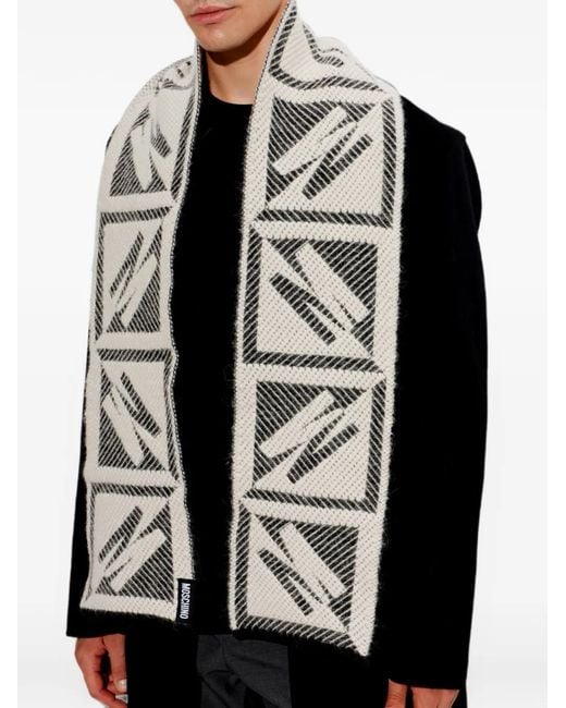 Moschino Gray Geometric-Pattern Logo-Patch Scarf