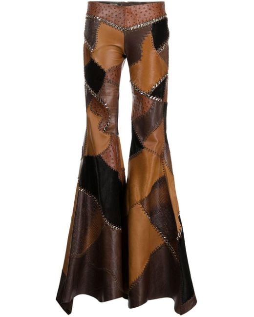 Pantaloni svasati in pelle con design patchwork di Roberto Cavalli in Brown