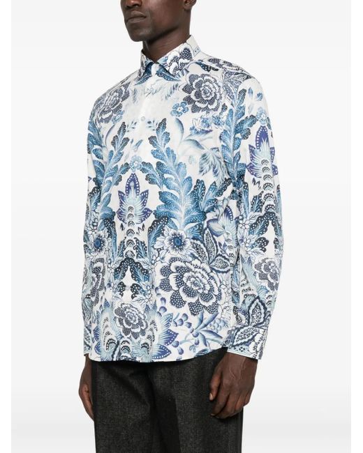 Etro Blue Floral-Print Cotton Shirt for men