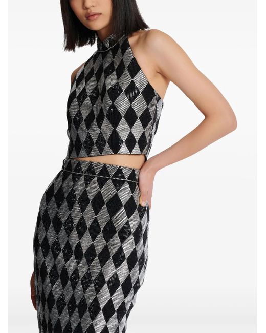 Balmain Gray Diamond-Print Rhinestone Crop Top