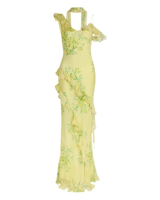 De La Vali Yellow Ruffled Floral Maxi Dress