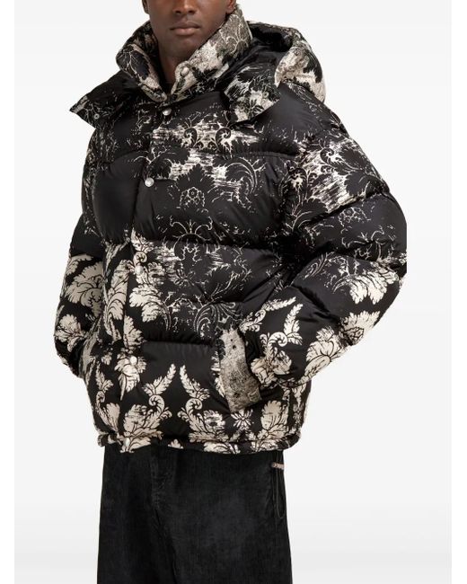 Roberto Cavalli Black Broccato-Print Puffer Jacket for men